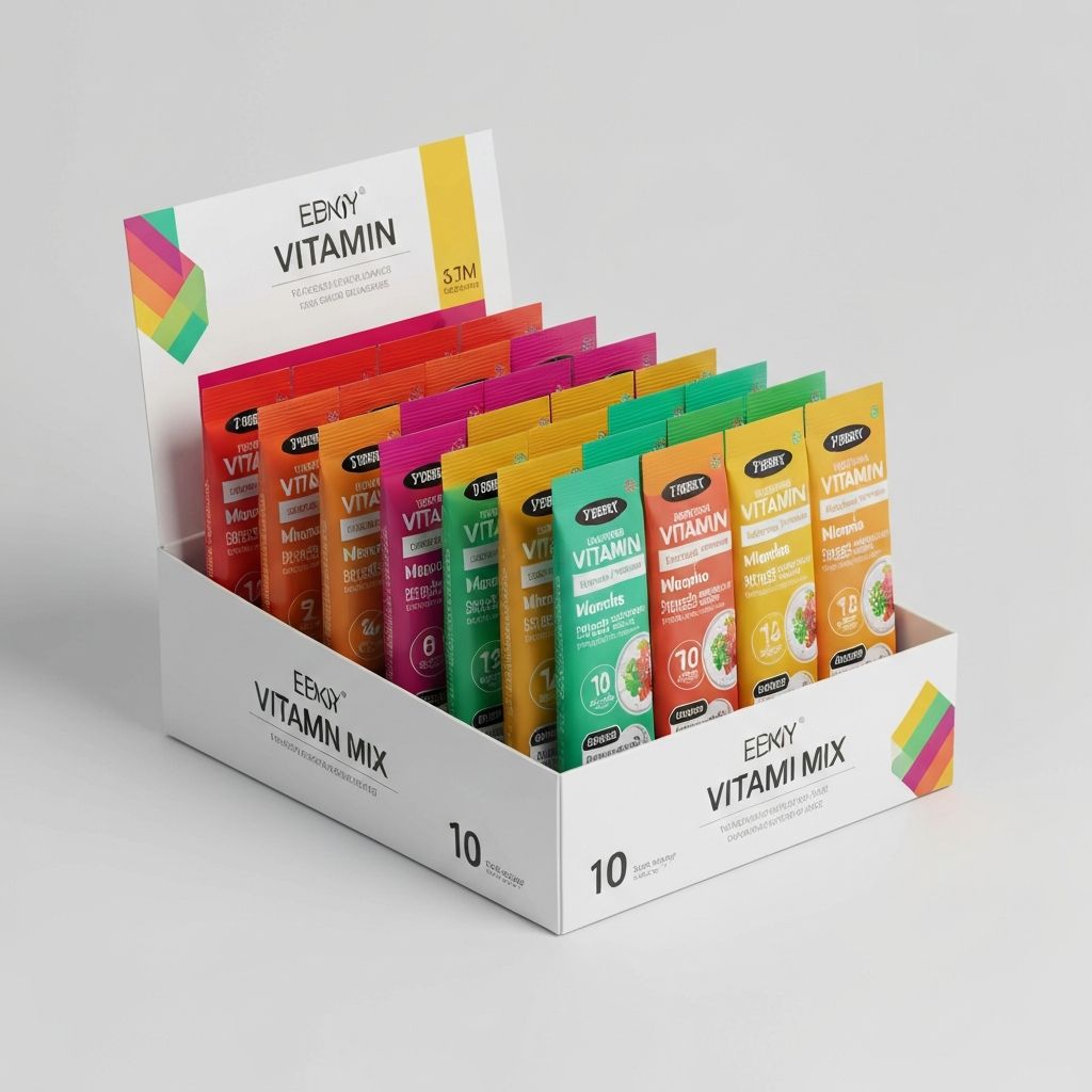 Vitamin drink mix sachets in cardboard box