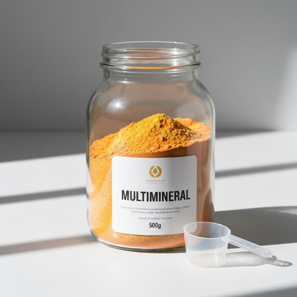 Multimineral powder in large clear container